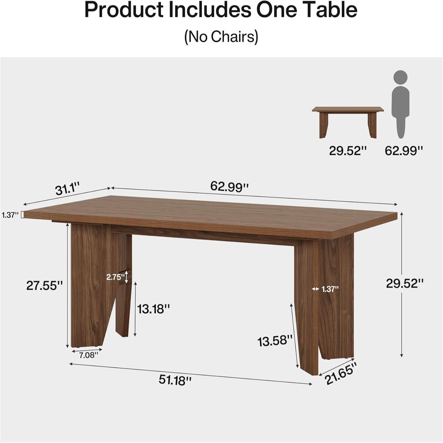 63" Executive Desk, Mid-Century Modern Office Computer Desk with Sturdy Legs, Large Wooden Workstation Writing Table, Farmhouse Business Furniture for Home Office, Brown