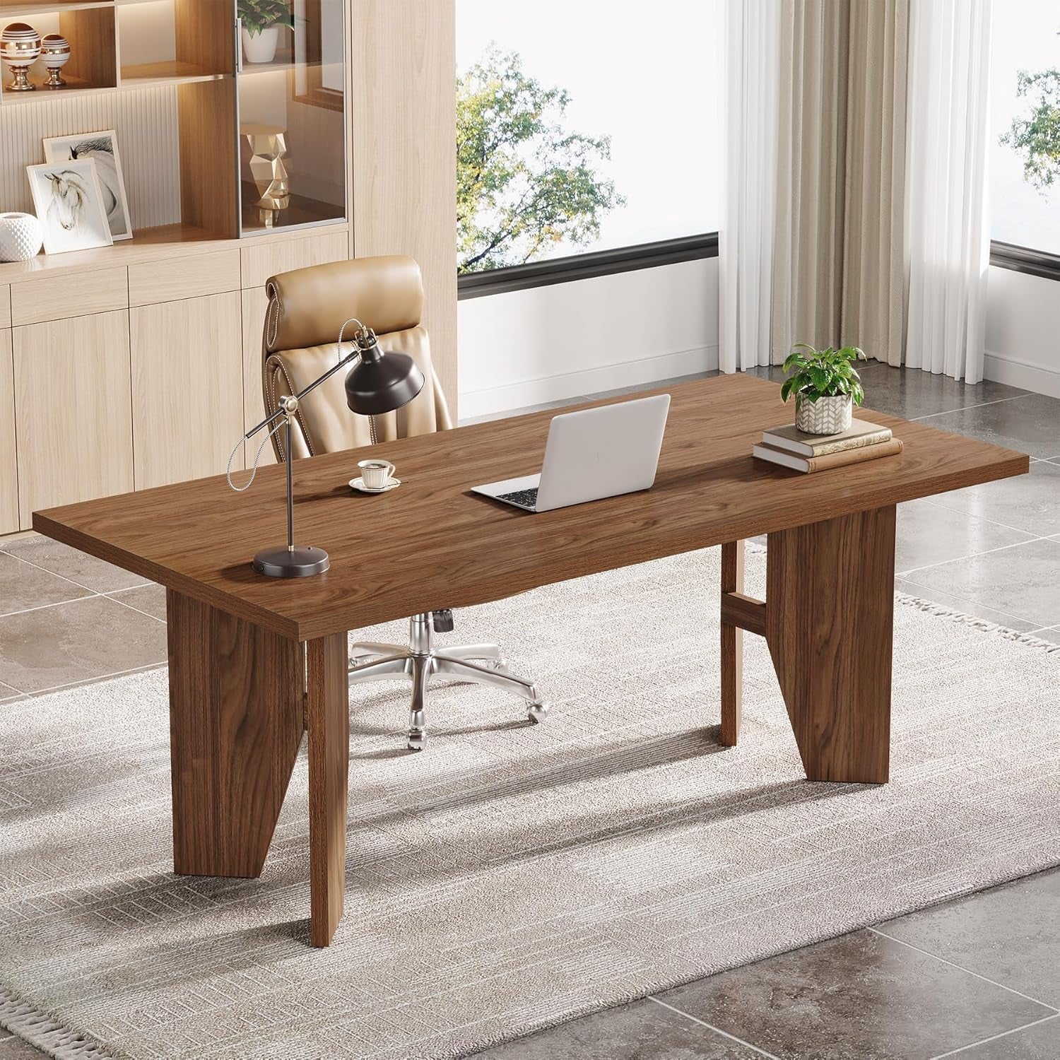 63" Executive Desk, Mid-Century Modern Office Computer Desk with Sturdy Legs, Large Wooden Workstation Writing Table, Farmhouse Business Furniture for Home Office, Brown
