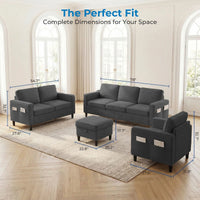 3 Piece Living Room Furniture Sets,L Shaped Sectional Sofa Set with Storage Ottoman,Modern Linen Fabric Couch for Apartment,Dark Gray