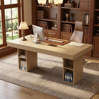 71” Executive Desk with Cabinet Storage, Farmhouse Home Office Desk, Wooden Computer Desk with Extra Thickened Tabletop & Metal Frame, for Work Study Writing, Oak