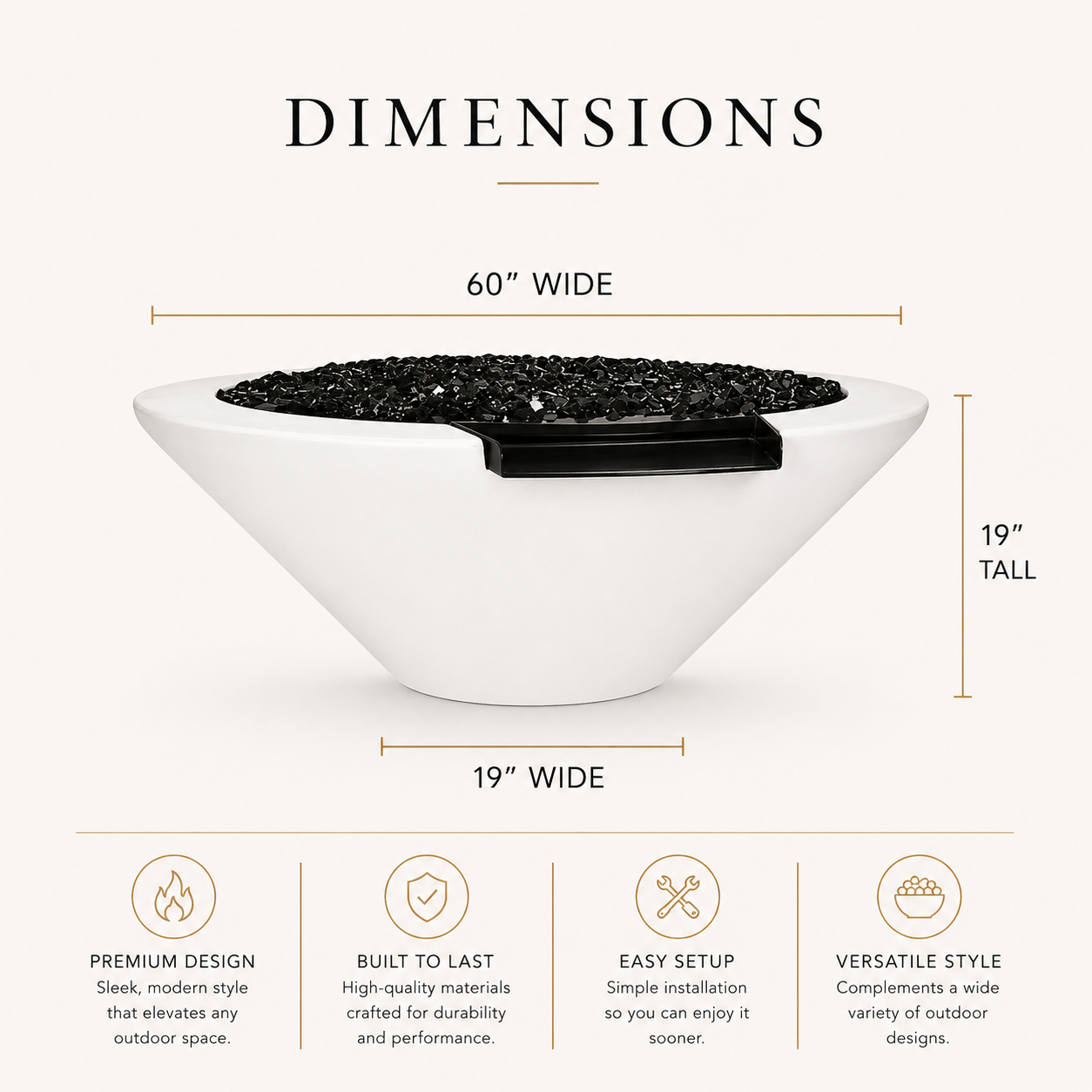 ARCHPOT 60" Round White Geo Fire & Water Bowl - Natural Gas
