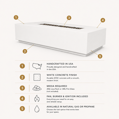 ARCHPOT 56" Manhattan Rectangle Low White Fire Pit - Natural Gas