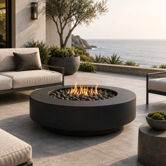 ARCHPOT 48" Midway Round Low Black Fire Pit - Propane or Natural Gas