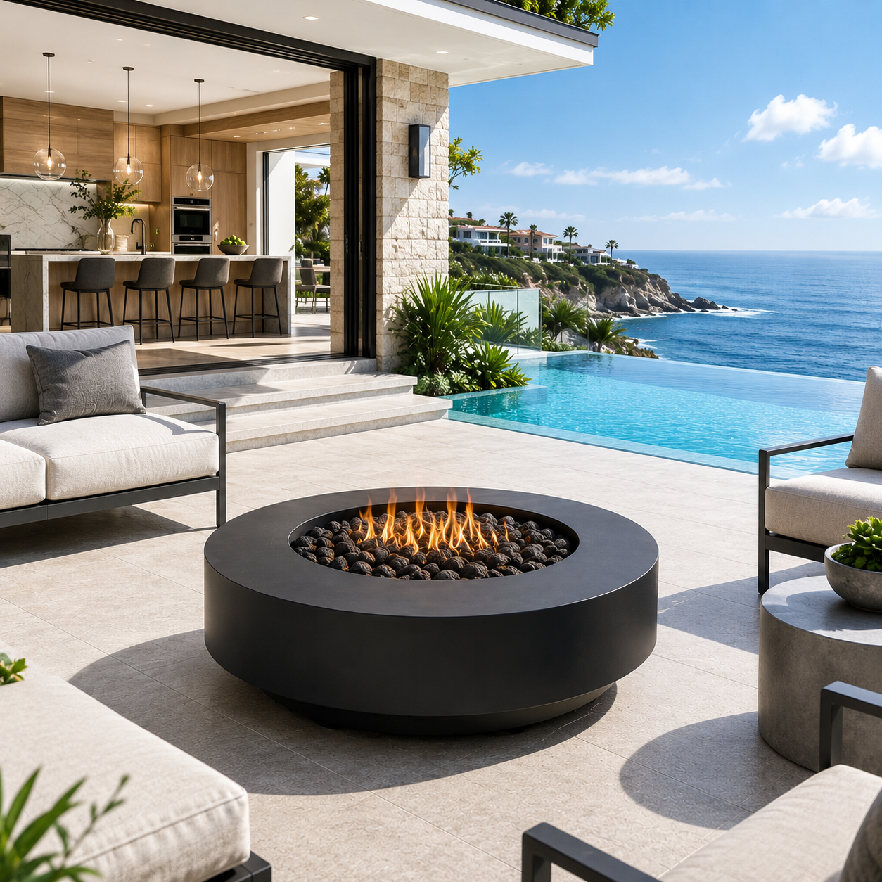 ARCHPOT 48" Midway Round Low Black Fire Pit Propane or Natural Gas