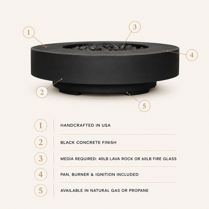 ARCHPOT 48" Midway Round Low Black Fire Pit Propane or Natural Gas
