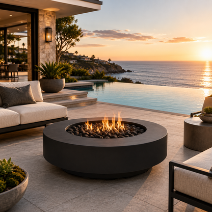 ARCHPOT 48" Midway Round Low Black Fire Pit Propane or Natural Gas
