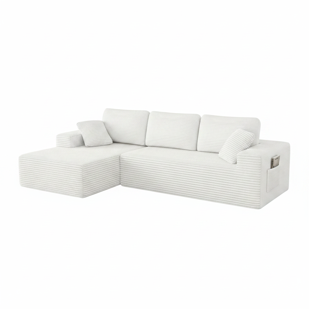 108" Boneless Sofa for Living Room,  Modern L-Shaped Corduroy Sectional, Modular Cloud Couch with Deep Seating Upholstered Sofa, Oversized,No Assembly, White