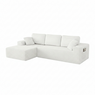 108" Boneless Sofa for Living Room,  Modern L-Shaped Corduroy Sectional, Modular Cloud Couch with Deep Seating Upholstered Sofa, Oversized,No Assembly, White
